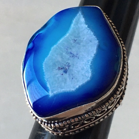 New Blue Solar Quartz Crystal Stone Silver Overlay Ring Size 7 - Picture 12 of 12